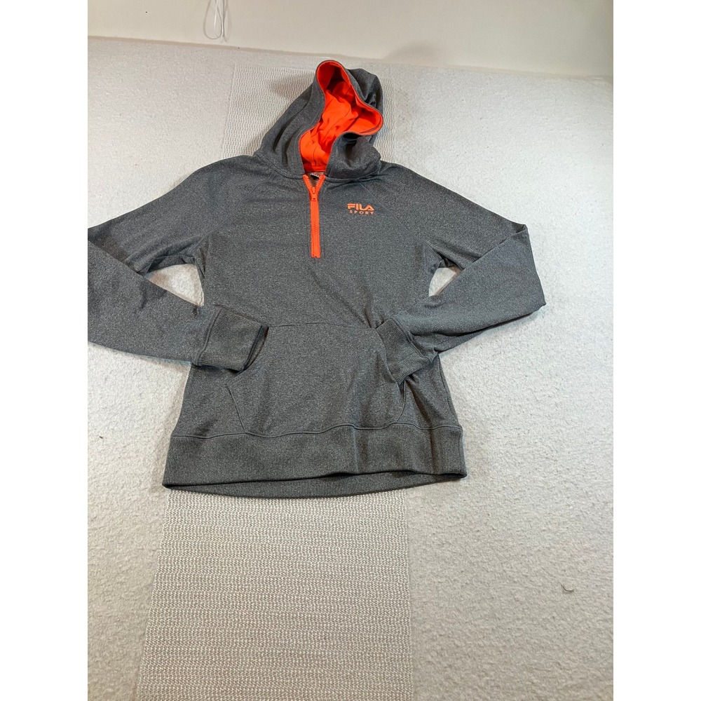Fila Womens Quarter Zip Hoodie Heather Gray Neon Orange XL Pullover Sweatshirt
